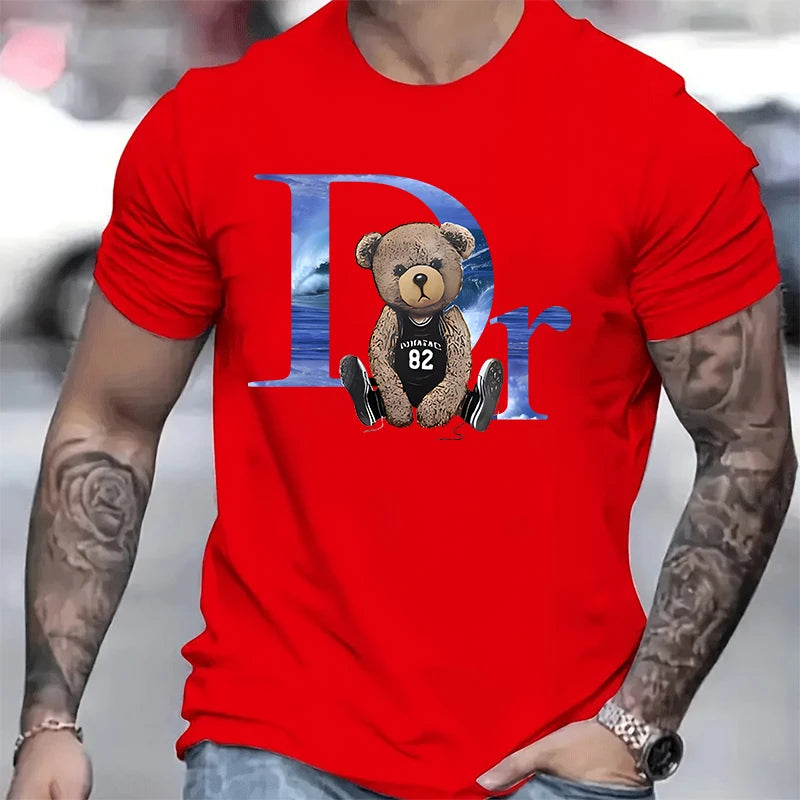 LOR MALE Men's short T-shirt, pure cotton round neck top, loose and comfortable casual T-shirt, suitable for travel and daily use, bear b