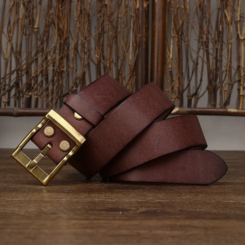 LOR MALE 3.8 Cm Wide High Quality Genuine Leather Belt Men's Retro Thickened First Layer Pure Cowhide Brass Buckle Jeans Luxury Male Belt