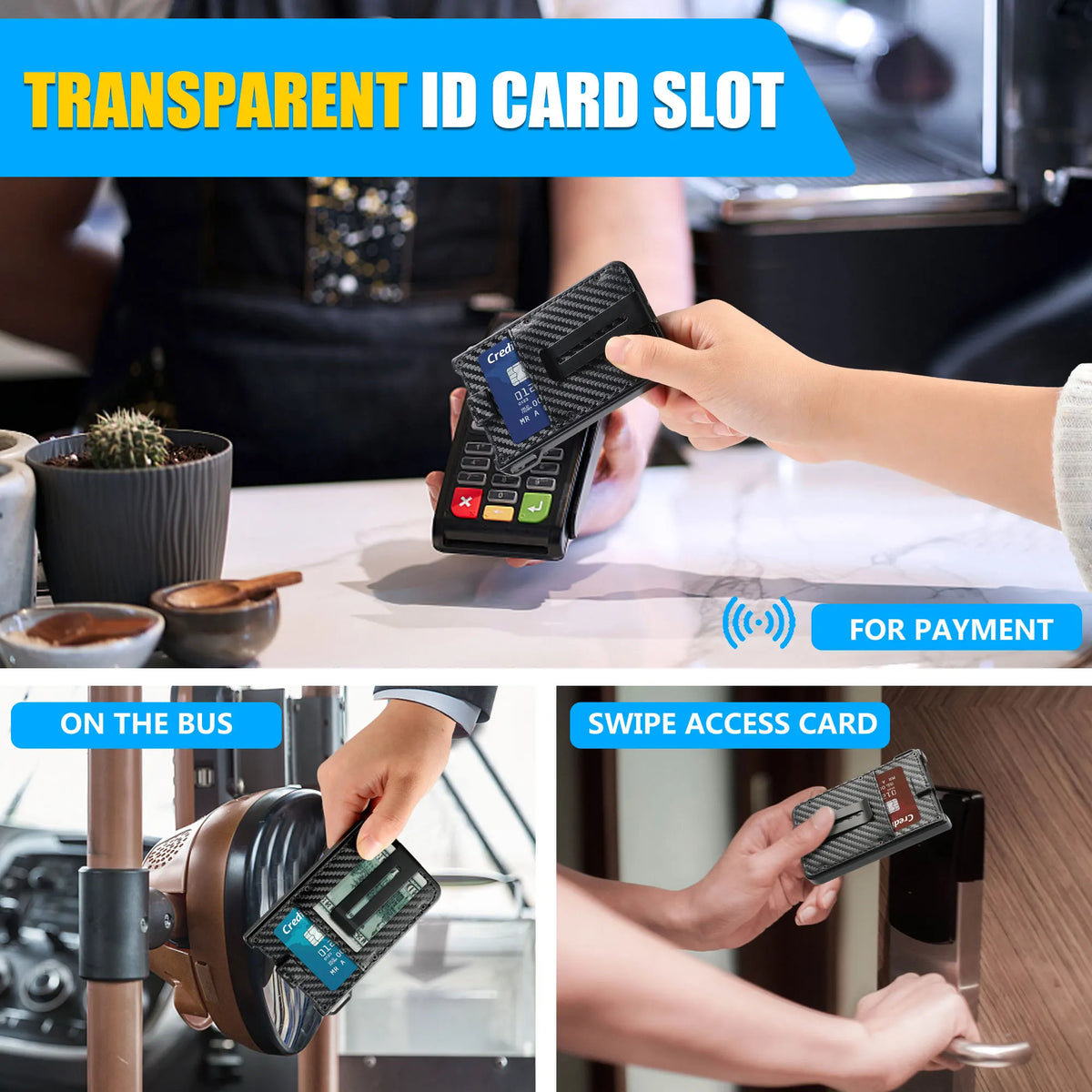 LOR MALE Wallet For Men - Aluminum Slim Carbon Fiber Leather Wallet，Holds up 10 Cards Card Holder with Clear ID Card Holder, Cash Clip