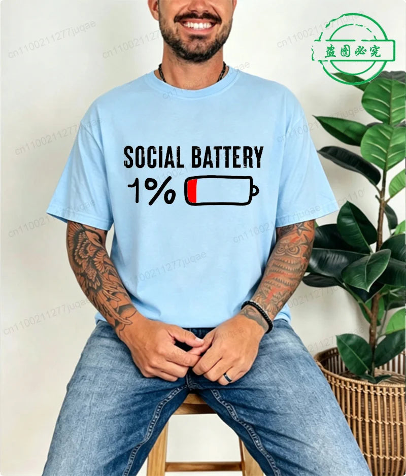 LOR MALE T-shirt for Men Social Battery 1 Percent Funny Introvert T Shirt Men Tops Casual Clothing Oversize Vintage Clothes Trend Tshirt