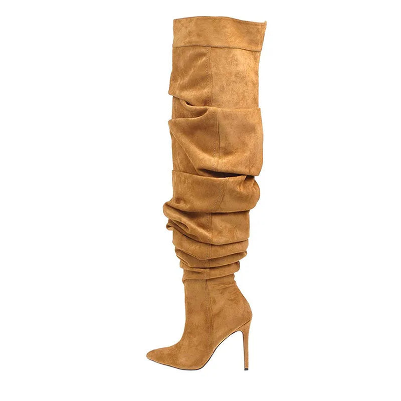 LOR MALE Over The Knee Boots Sexy Pleated Denim Cloth Boots New Solid Color Slip-On Pointy Versatile Patchwork High-heeled Fashion Boots