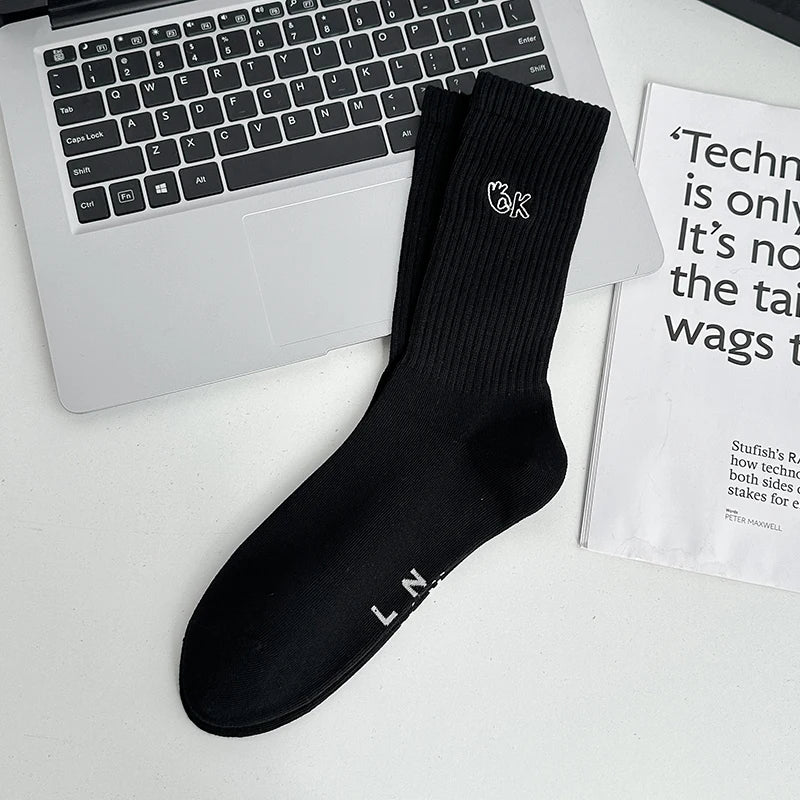 LOR MALE Socks Embroidery Solid Color Simple Basic Long Socks Casual Sweat Absorption