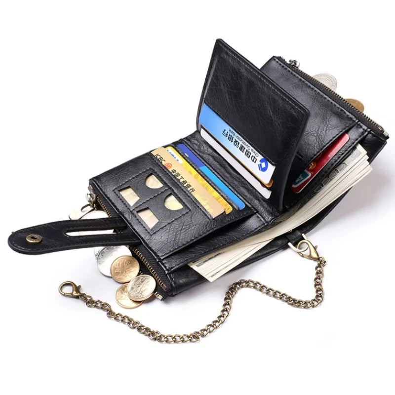 LOR MALE New Men Wallets PU Leather Short Card Holder Chain Luxury Brand Men's Purse High Quality Classic Retro Male Wallet