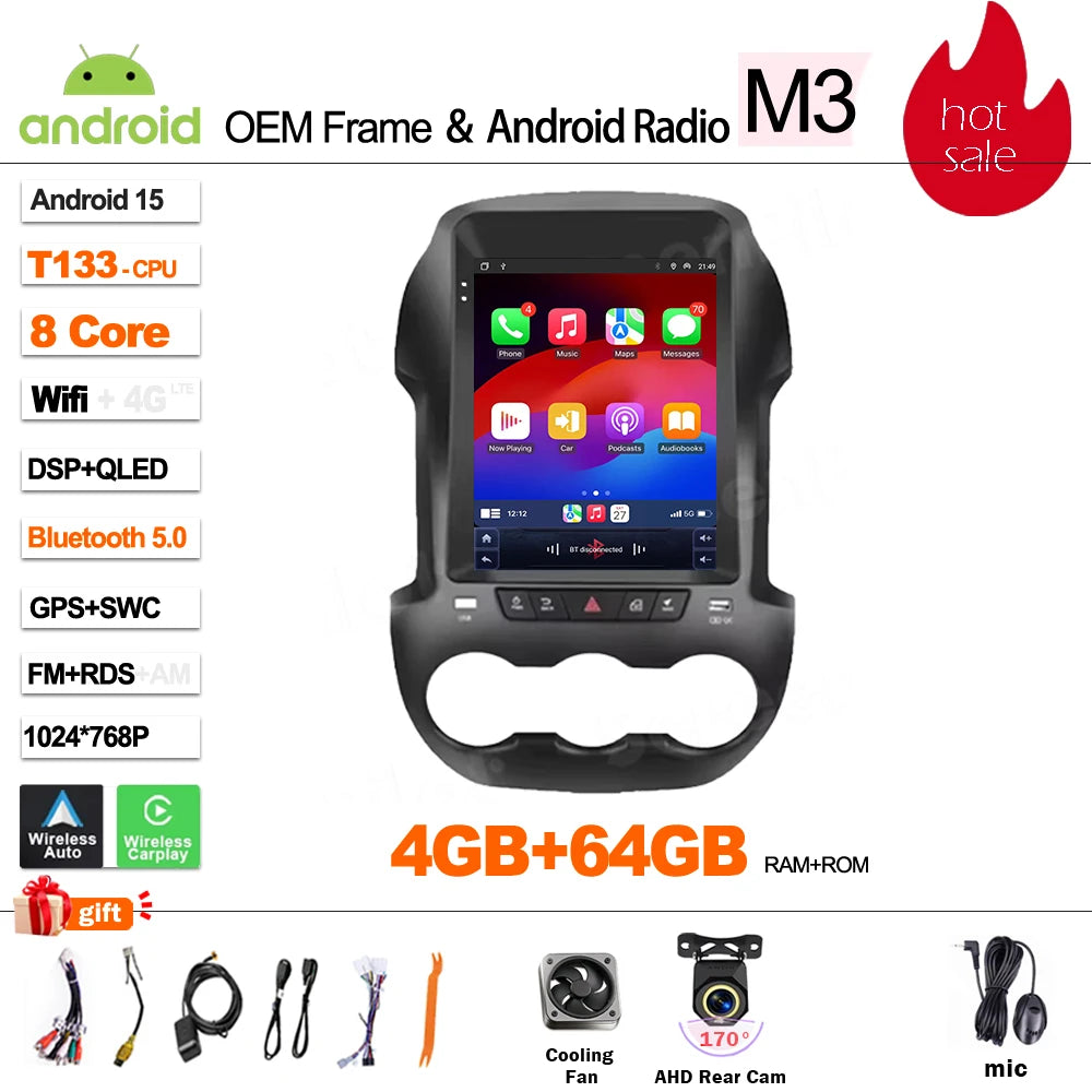 LOR MALE For Ford Ranger 2012 2013-2015 9.7 Inch Android 16 Car Stereo GPS Navi CarPlay Canbus DSP QLED Touch Screen 2 DIN 8Core SWC BT