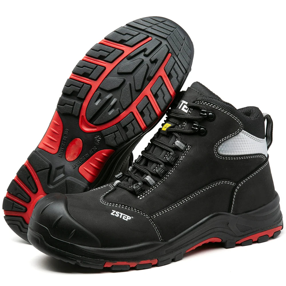 LOR MALE Genuine Leather Men Work Boots Composite Toe Safety Shoes Men Boots Anti-Smash Anti Puncture Security Boots Protection Shoes