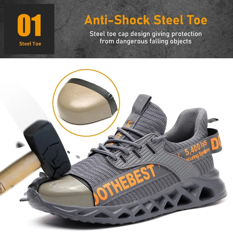 LOR MALE Steel Toe Safety Shoes for Men Lightweight Breathable Work Shoes Grey Anti-Smash Anti-Puncture Work Shoes Comfortable Durable