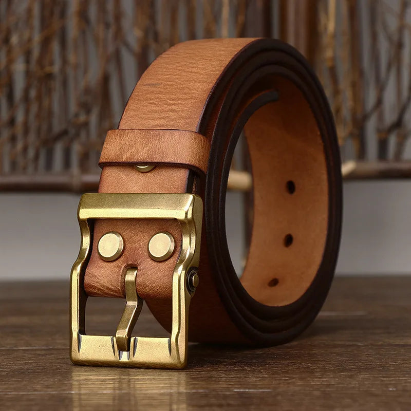 LOR MALE 3.8 Cm Wide High Quality Genuine Leather Belt Men's Retro Thickened First Layer Pure Cowhide Brass Buckle Jeans Luxury Male Belt