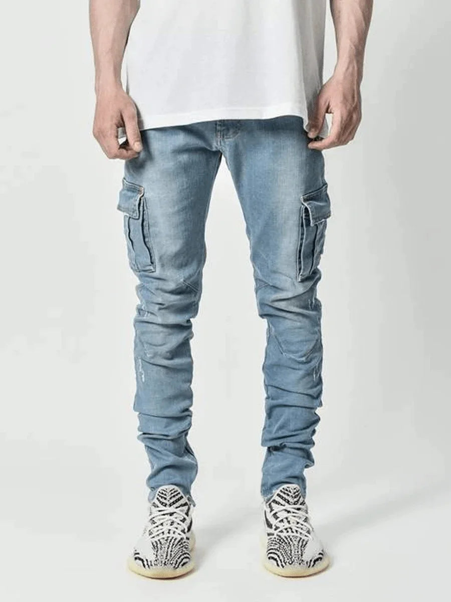 LOR MALE 2026Jeans Men Pants Wash Solid Color Multi Pockets Denim Mid Waist Cargo Jeans Plus Size Fahsion Casual Trousers Male Daily Wear