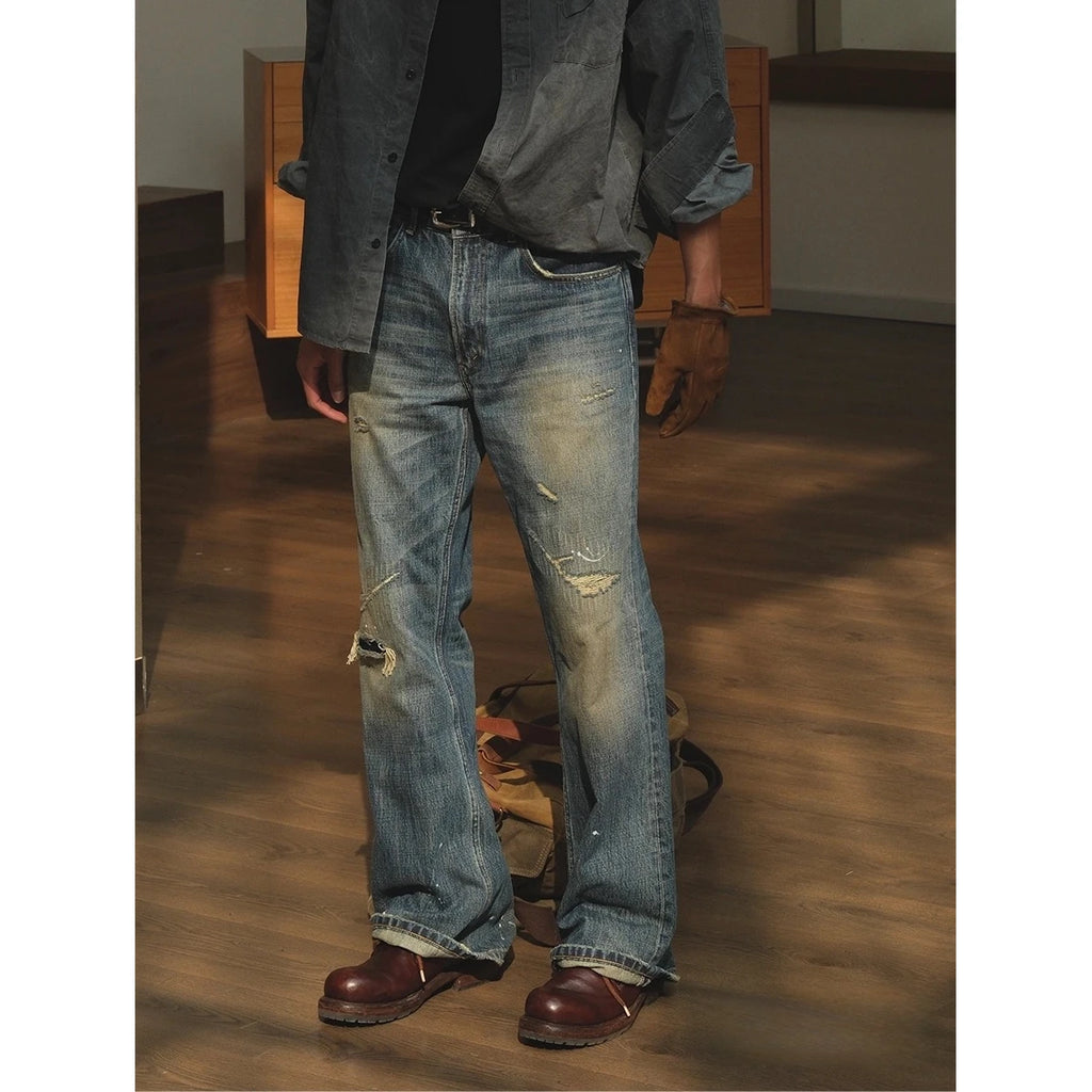 LOR MALE Men's Jeans Distressed Ripped Torn Faded Ombre Wash Straight Leg Non Stretch Long Men's Pants Streetwear Fashionable Trendy