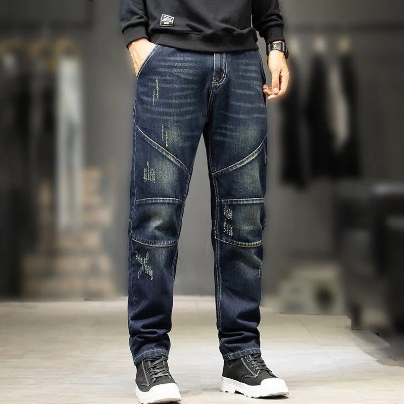 LOR MALE Jeans For Men  Straight Pants Men's baggy jeans Large size Korean Version Loose Washed Trousers Man Fashion ripped denim slim