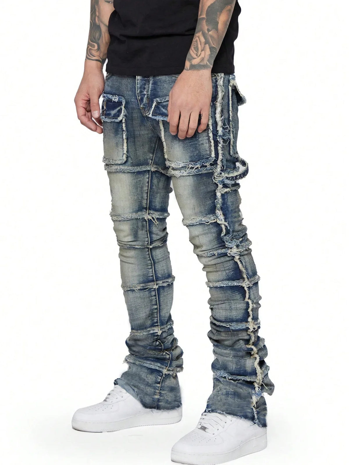 LOR MALE 2025 New Trendy Men Jeans, European and American Fashionable Workwear with Patch, Elastic, Laminated and Slightly Flared Men Den