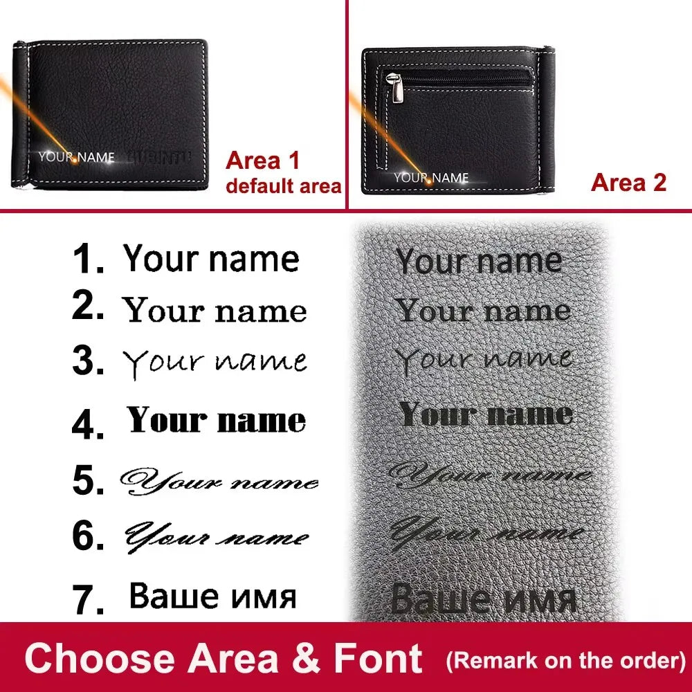 LOR MALE Name Engraving Men Wallets Money Clip Genuine Leather Zipper Male Coin