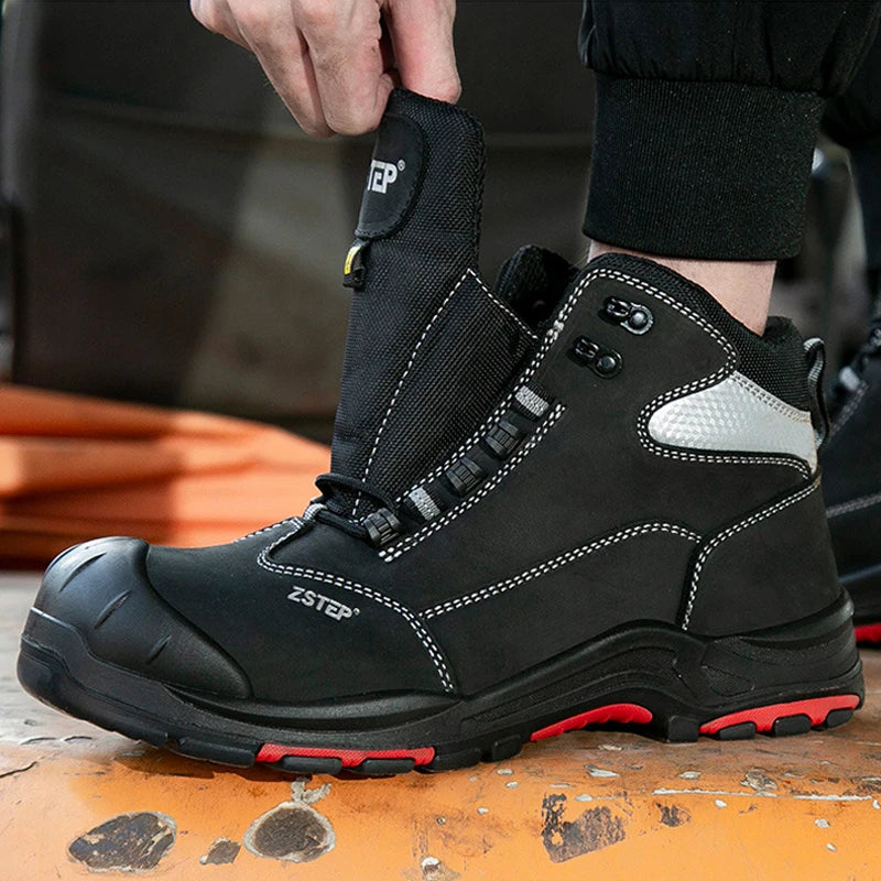 LOR MALE Genuine Leather Men Work Boots Composite Toe Safety Shoes Men Boots Anti-Smash Anti Puncture Security Boots Protection Shoes