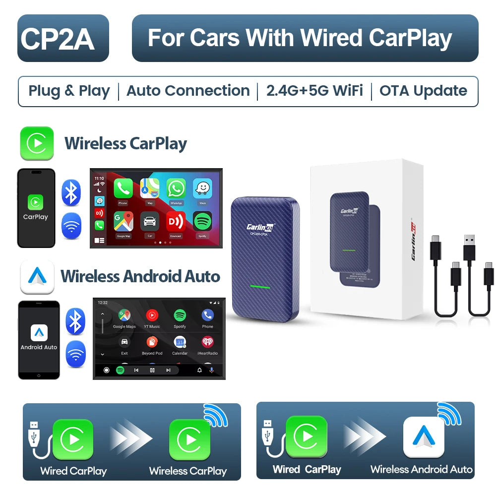 LOR MALE CarlinKit 4.0 2-In-1 Wireless Adapter Wireless Android Auto CarPlay 1 To 2 Smart Car Box Plug &Play OTA Upgrade For CarPlay Cars