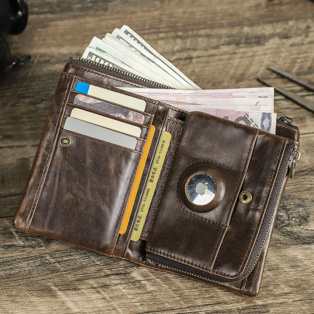 LOR MALE Crackle Oil Leather Short Bifold Wallets Men Quality Male Removable Wallet with airtag Clutch Slim Coin Pocket Card Holder Purse