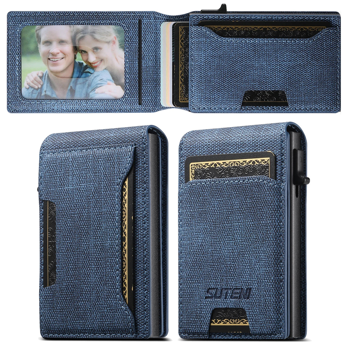LOR MALE Push-out Card High Quality Faux Leather Card Holder Wallet Holder Large Capacity Can Hold 1-12 Cards 1 Photo Black/Brown/Blue