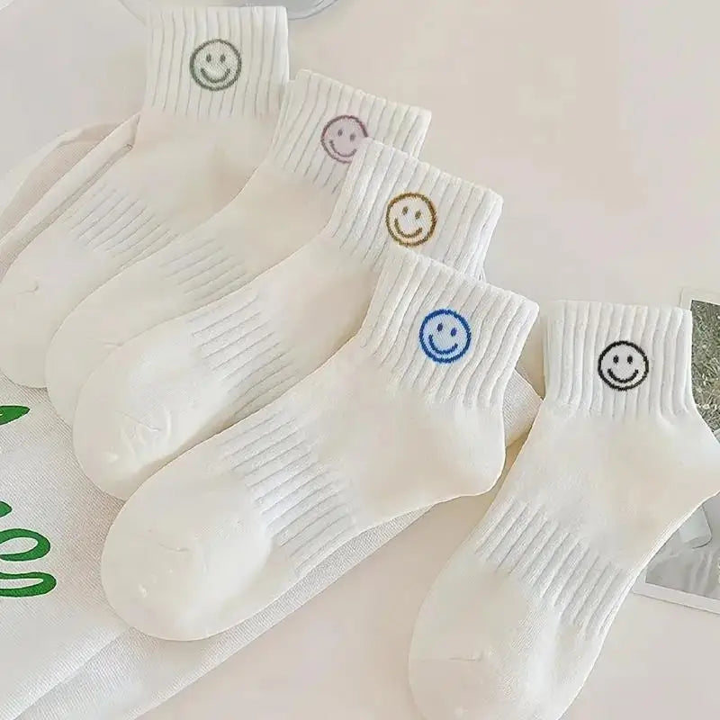LOR MALE 5 Pairs of Whimsical Cartoon Face Print Short Socks - Soft, Breathable, and Comfortable Polyester Knit Fabric