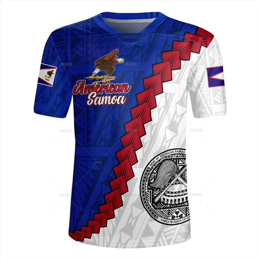 America Samoa Rugby-jersey 3D Printing V Neck T Shirt Samoa Coat Of Arms Emblem Graphic V-Neck T-shirts For Men Fashion Clothing