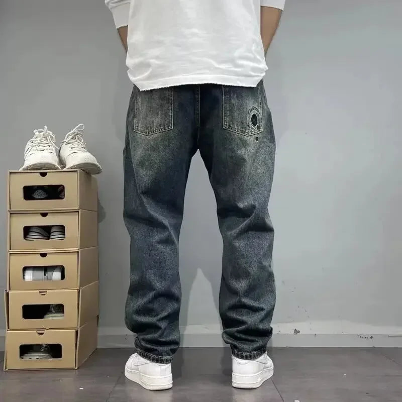 LOR MALE Heavy Duty Washed and Scraped Denim Jeans for Men, Stylish and Stylish, with High-end Embroidered Prints and Loose Tapered Strai