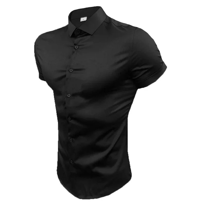 LOR MALE Men's Summer Business Shirt Short Sleeve Turn-down Collar Tuxedo Shirt Fashion Super Slim Fit Male Social Dress Shirt