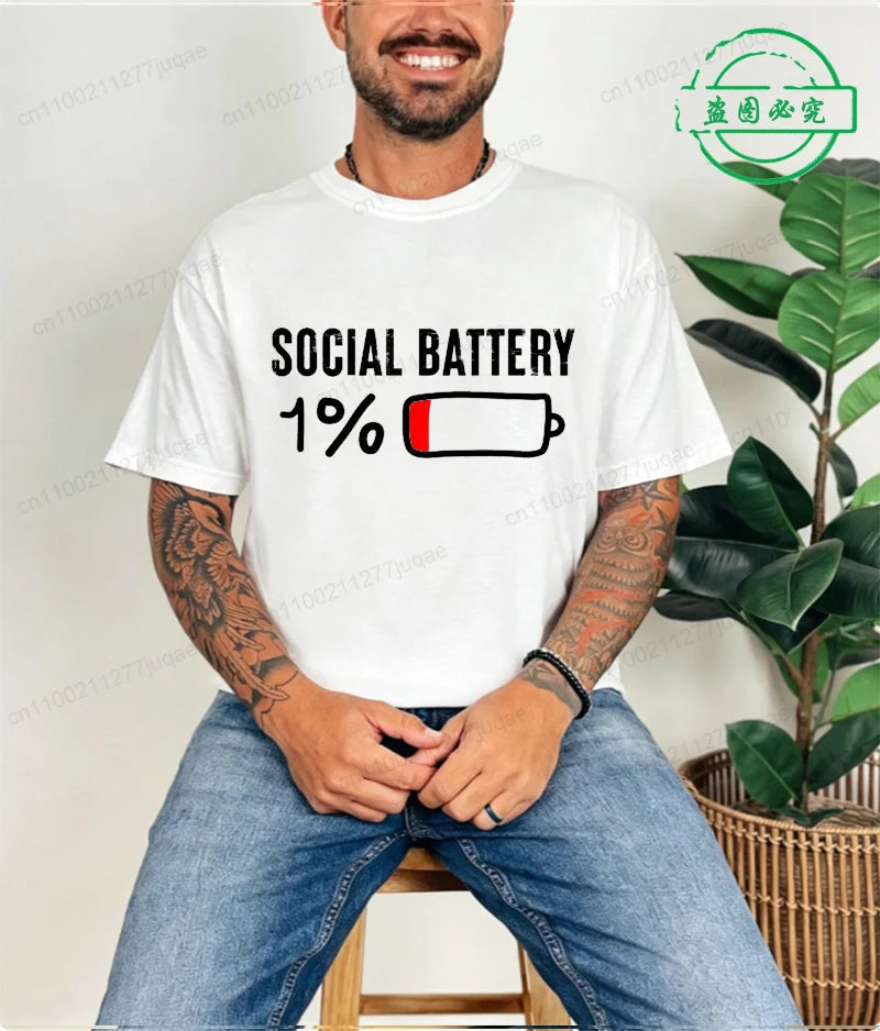 LOR MALE T-shirt for Men Social Battery 1 Percent Funny Introvert T Shirt Men Tops Casual Clothing Oversize Vintage Clothes Trend Tshirt