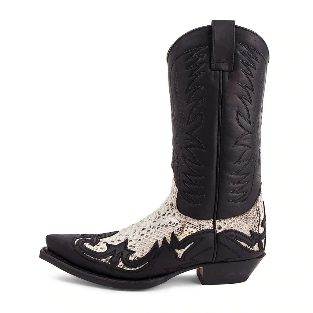 LOR MALE Pointed Toe Embroidered Mid-Calf Boots Snake Print Western Cowboy Men Botines Color-Blocked Slip-On Chelsea Cool Botas Femininas