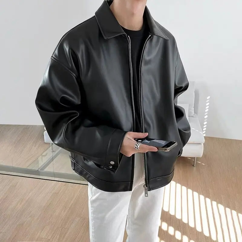 LOR MALE Men's Leather Jacket Men's Biker Jacket Motorcycle Fashionable Waterproof Jacket Waterproof for Rain Motorcyclist Retro