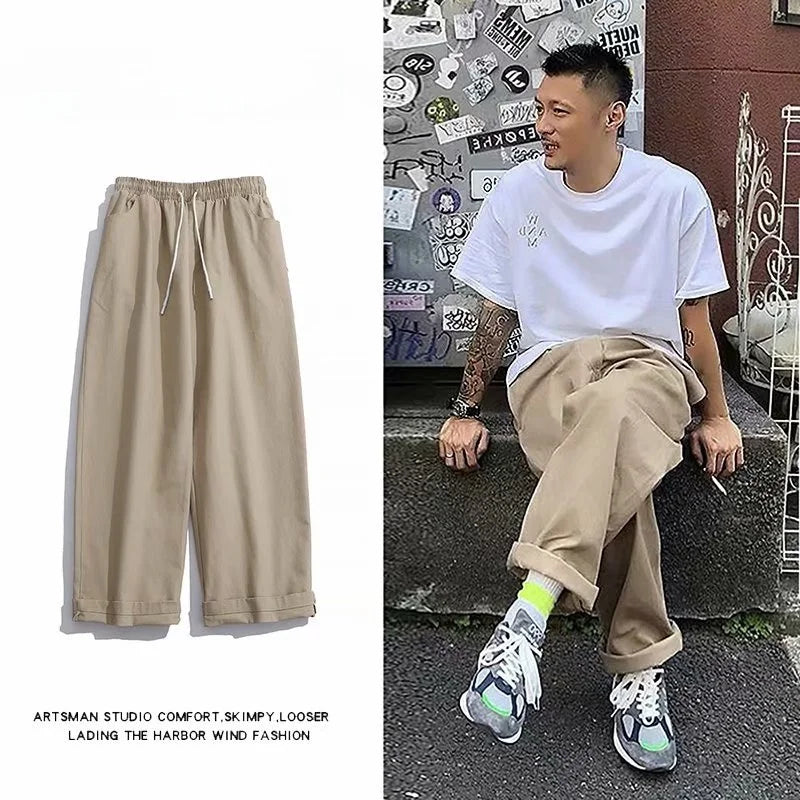 LOR MALE Summer Thin Men's Casual Pants Versatile Loose Fit Straight Leg Nine-Tenths Workwear Trousers Trendy Brand Youthful Energy Style