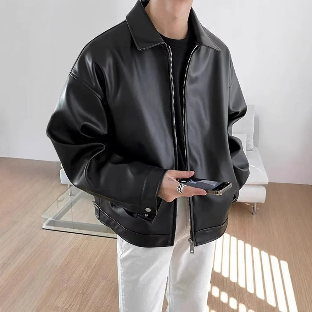 LOR MALE Men's Leather Jacket Men's Biker Jacket Motorcycle Fashionable Waterproof Jacket Waterproof for Rain Motorcyclist Retro