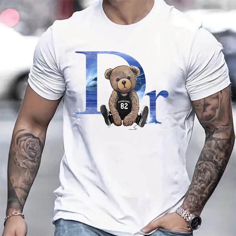 LOR MALE Men's short T-shirt, pure cotton round neck top, loose and comfortable casual T-shirt, suitable for travel and daily use, bear b