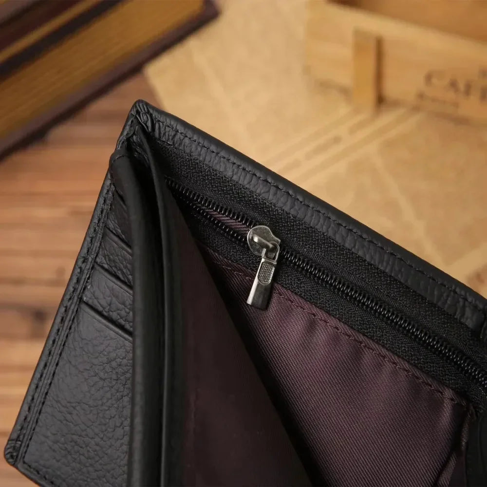 LOR MALE Genuine Leather Mens Wallet Premium Product Real Cowhide Wallets For Man Short Black Walet Portefeuille Homme Short Purses