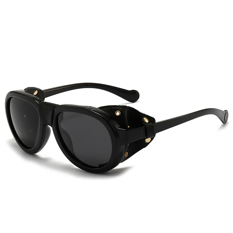 LOR MALE Polarized Sunglasses For Women Men Round Steampunk Leather Eyeglasses Vintage 2