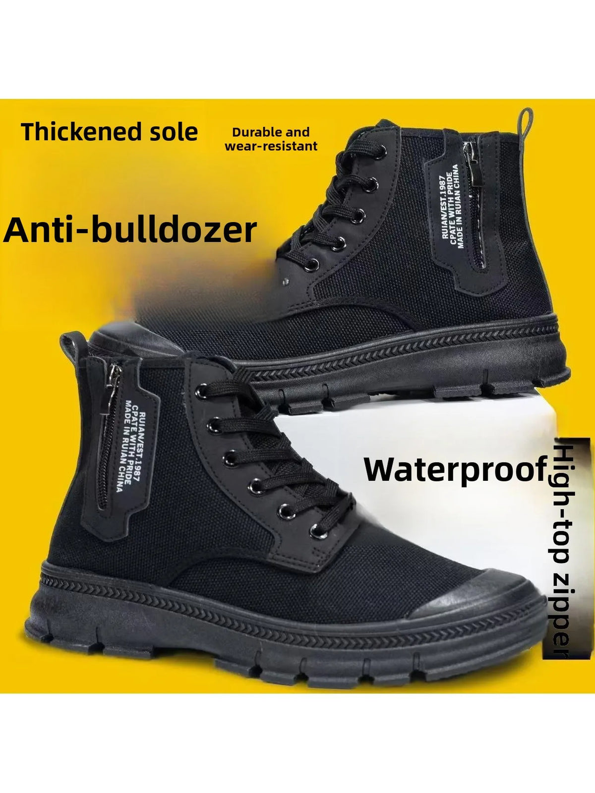 LOR MALE Men's Work Boots Breathable Anti-Odor High Top Side Zipper Anti-Slip Wear-Resistant  Boot Construction Mountain Work Shoes