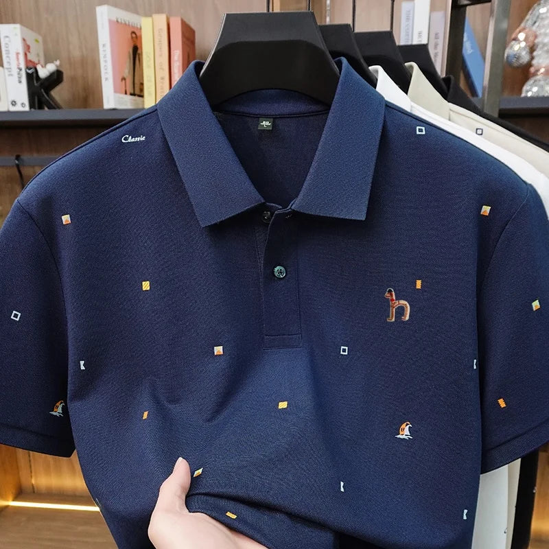 LOR MALE High Quality Man Summer Short-Sleeved Polo Shirt Lapel Button Multi-pattern Puppy Embroidery Ventilate Business Casual Men'sWear