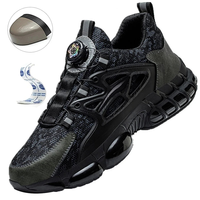 LOR MALE Steel Toe Safety Boots Rotating Button Work Shoes Men Anti-Smash Anti-Puncture Safety Boots Air Cushion Men's Sports Shoes ﻿
