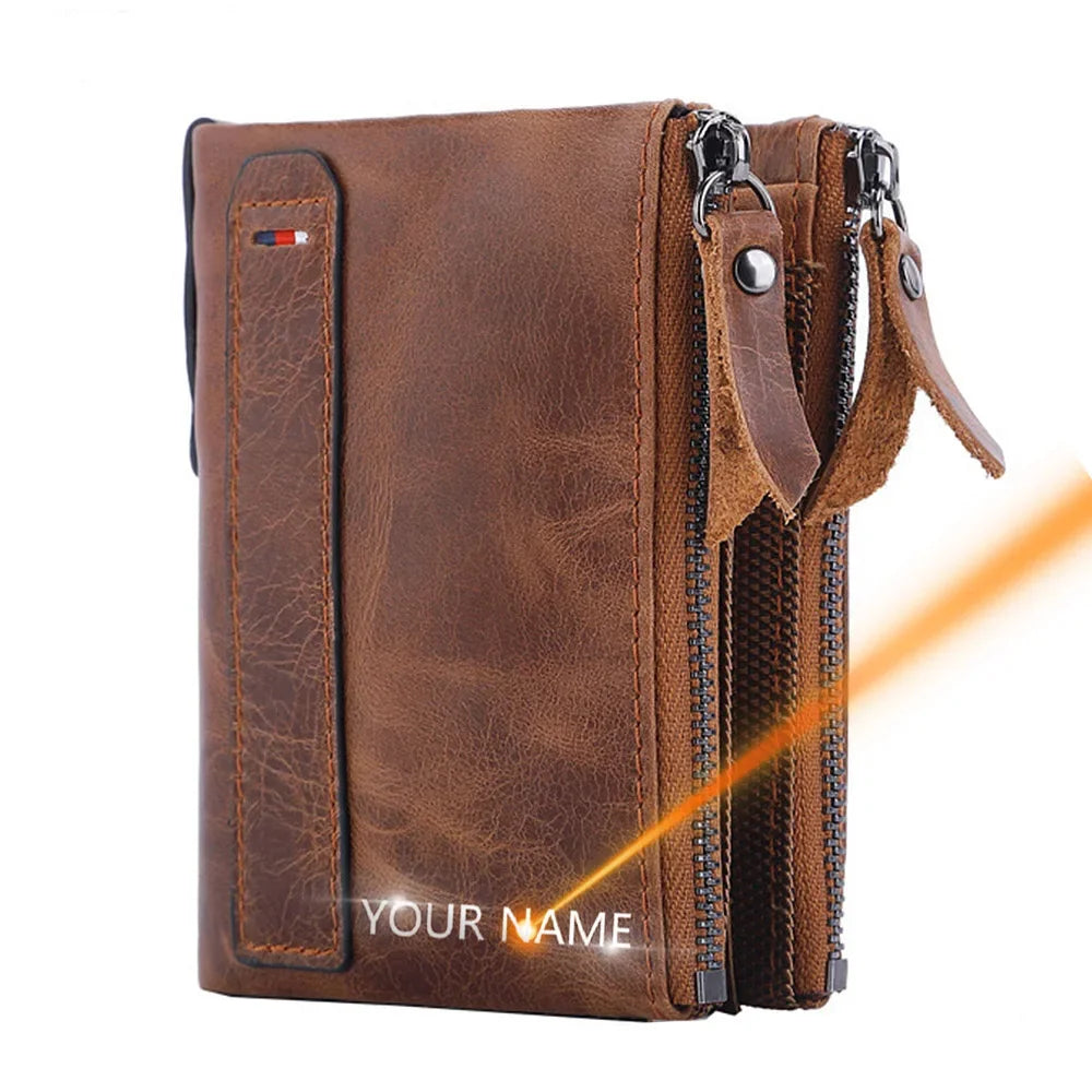 LOR MALE 2024 Men Wallets 100% Genuine Cow Leather Name Customized Short Card Holder Leather Men Purse High Quality Brand Male Wallet