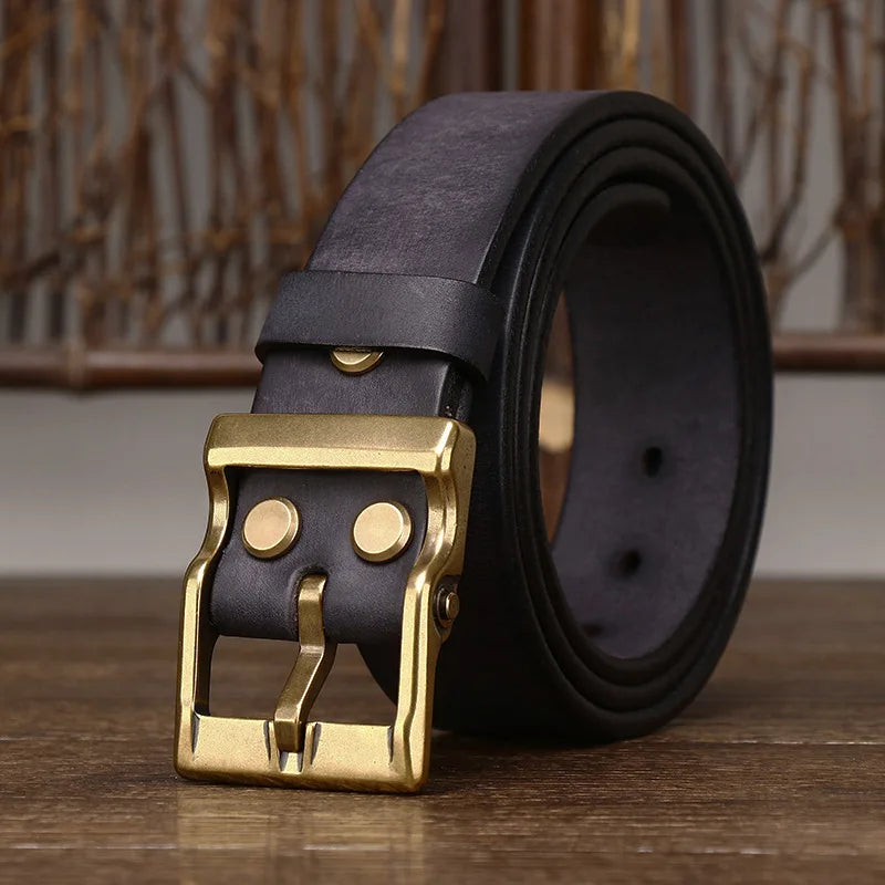 LOR MALE 3.8 Cm Wide High Quality Genuine Leather Belt Men's Retro Thickened First Layer Pure Cowhide Brass Buckle Jeans Luxury Male Belt