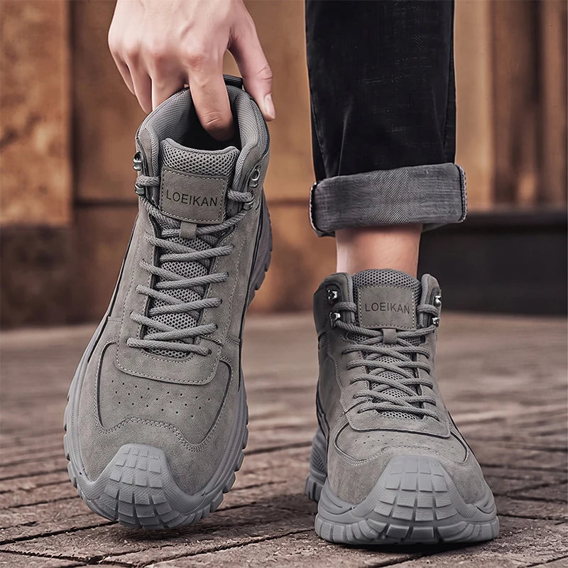 LOR MALE Men High Top Ankle Boots Suede Mesh Splicing Shoes Anti‑collision Toe Non‑slip Thick Sole Male Boots for Daily Walking Commute
