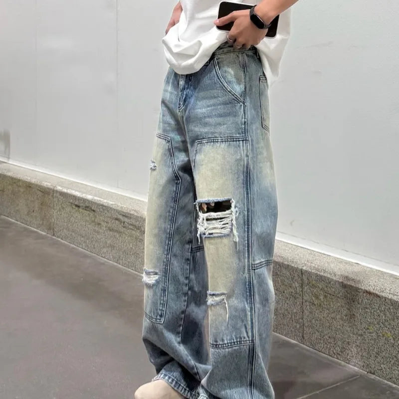 LOR MALE Men's Jeans Man Pants Heavy Duty Washed Multi Pocket Carpenter Style Straight Loose Denim Trousers Casual Fit High Street