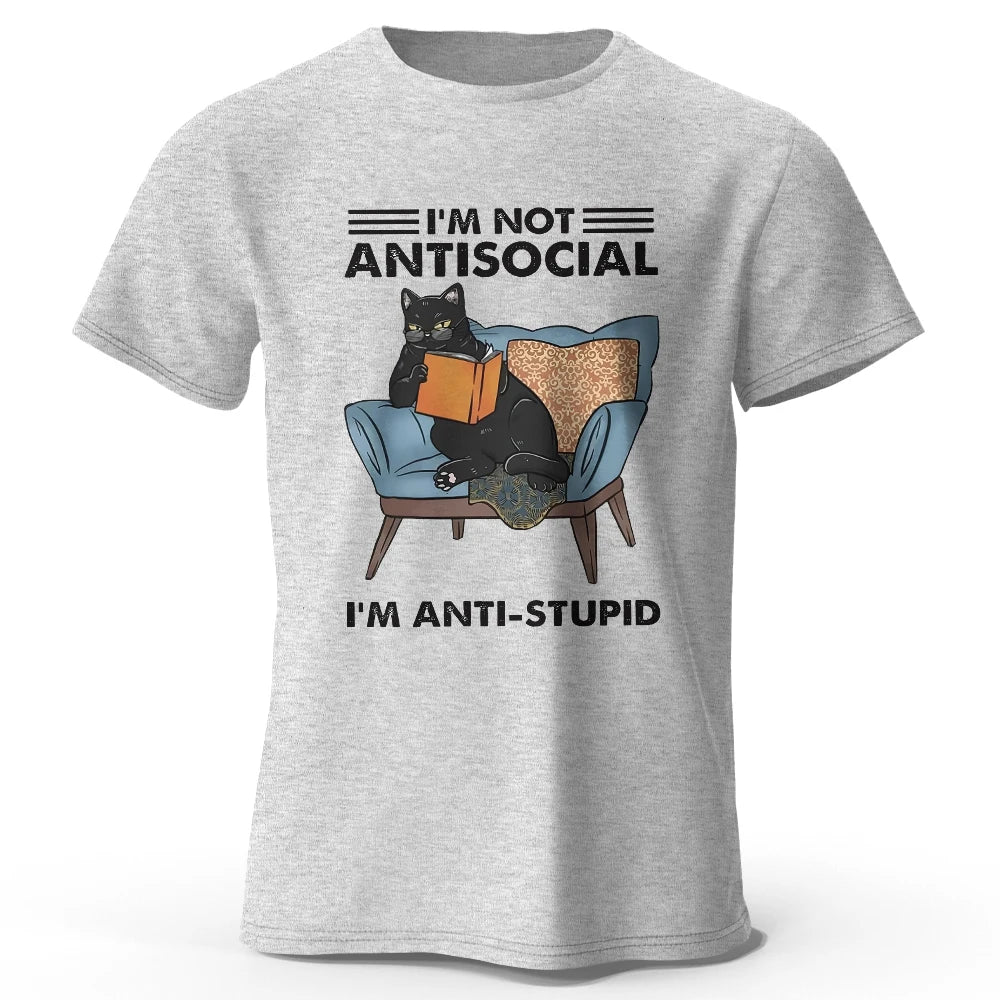 LOR MALE Men's I Am Not Anti Social Printed T-Shirt 100% Cotton Oversized Funny Cat Graphic Tees for Men Women Summer Tops