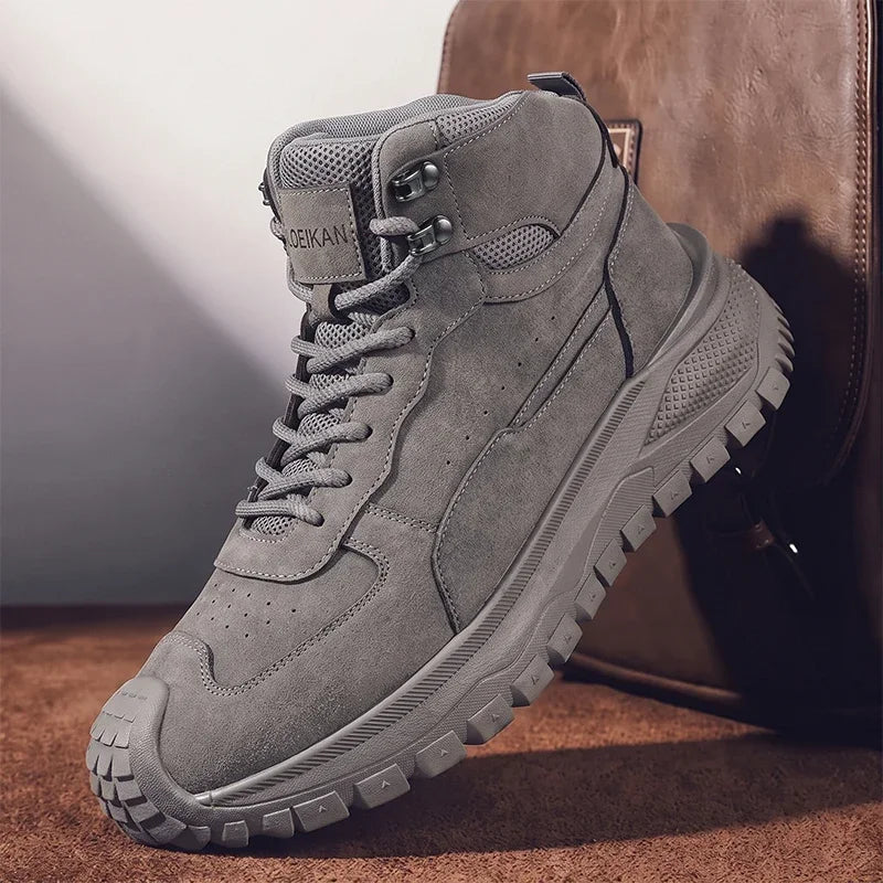 LOR MALE Men High Top Ankle Boots Suede Mesh Splicing Shoes Anti‑collision Toe Non‑slip Thick Sole Male Boots for Daily Walking Commute
