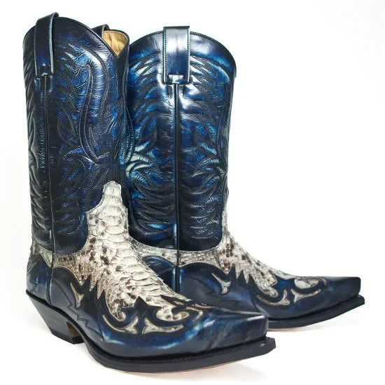 LOR MALE Pointed Toe Embroidered Mid-Calf Boots Snake Print Western Cowboy Men Botines Color-Blocked Slip-On Chelsea Cool Botas Femininas