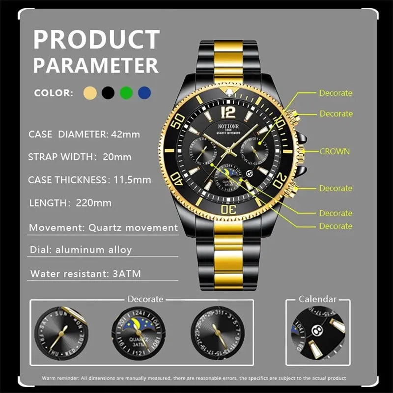 LOR MALE Watches Sport Waterproof Stainless Steel Quartz Watch Luxury Man Business Lumi