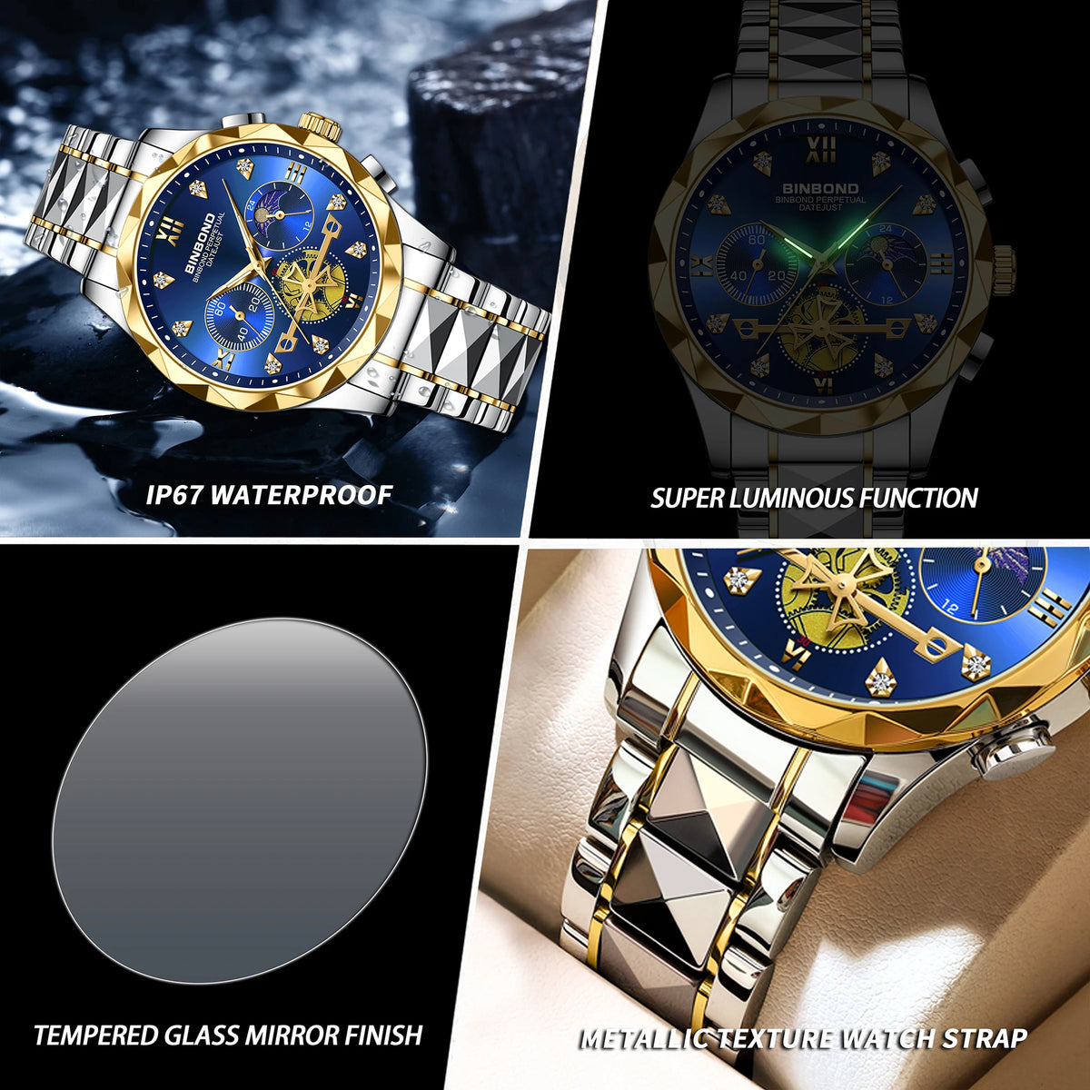 LOR MALE BINBOND Luminous Waterproof Accurate Quartz Watches For Men Chronograph Sturdy Men's Wristwatch Luxury Business Casual Reloj