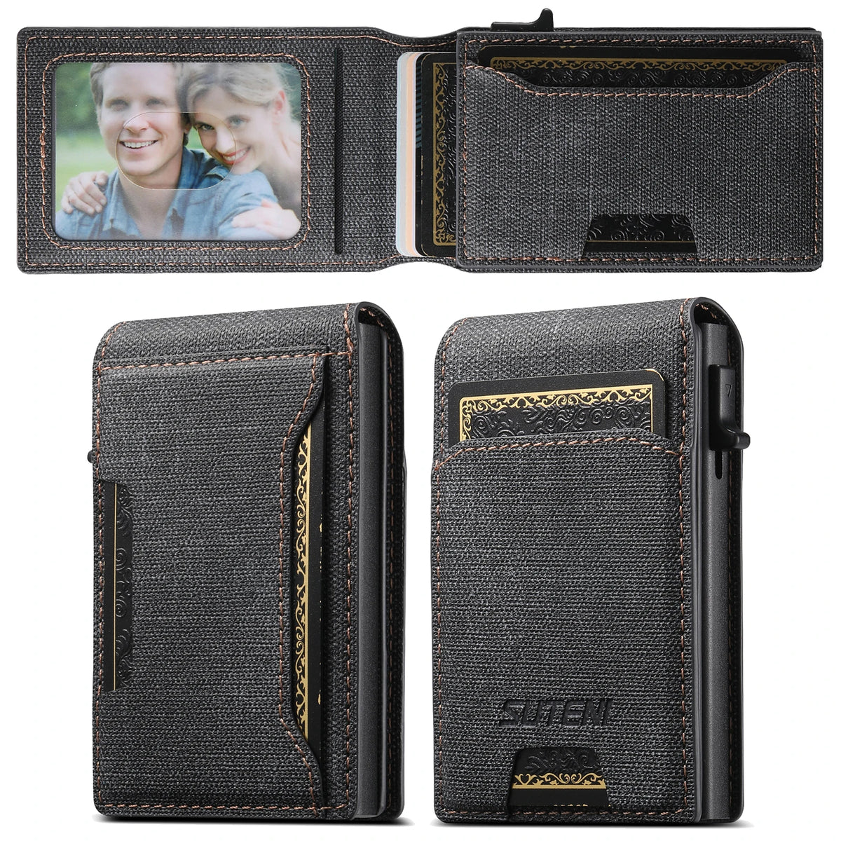 LOR MALE Push-out Card High Quality Faux Leather Card Holder Wallet Holder Large Capacity Can Hold 1-12 Cards 1 Photo Black/Brown/Blue
