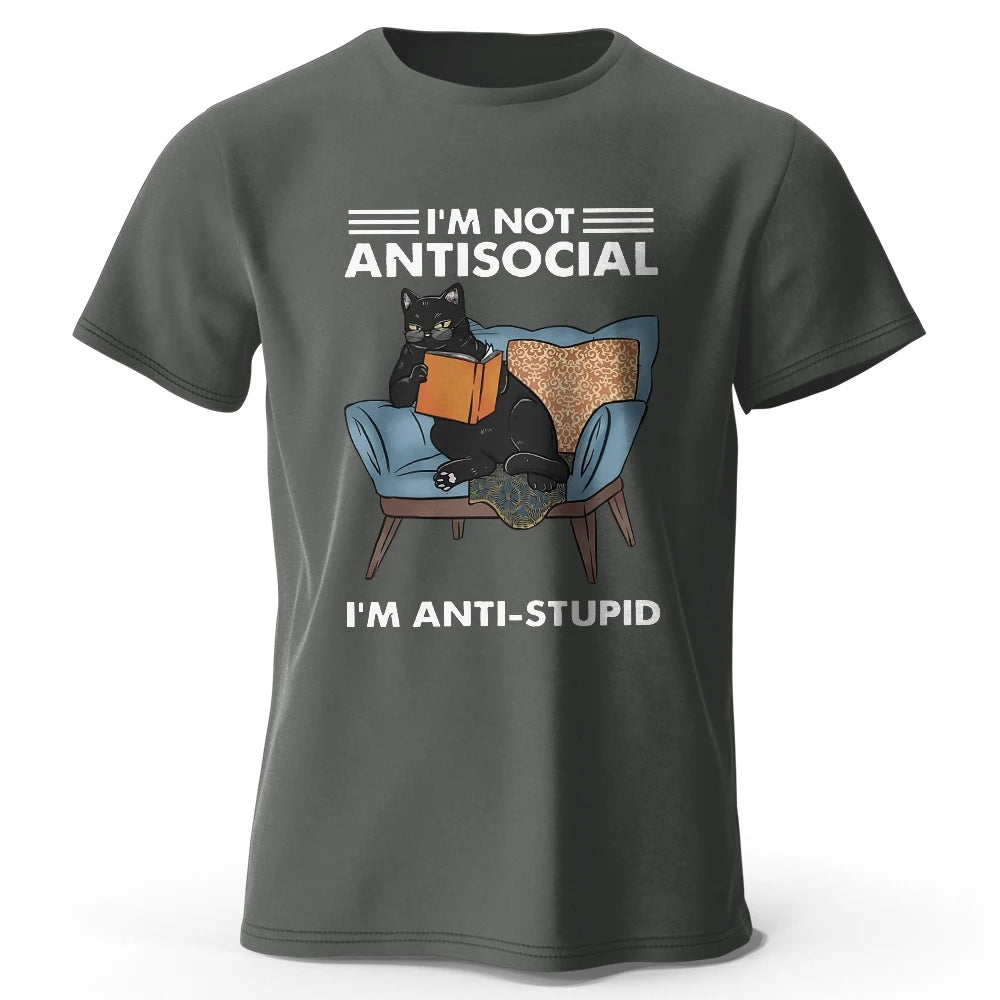 LOR MALE Men's I Am Not Anti Social Printed T-Shirt 100% Cotton Oversized Funny Cat Graphic Tees for Men Women Summer Tops