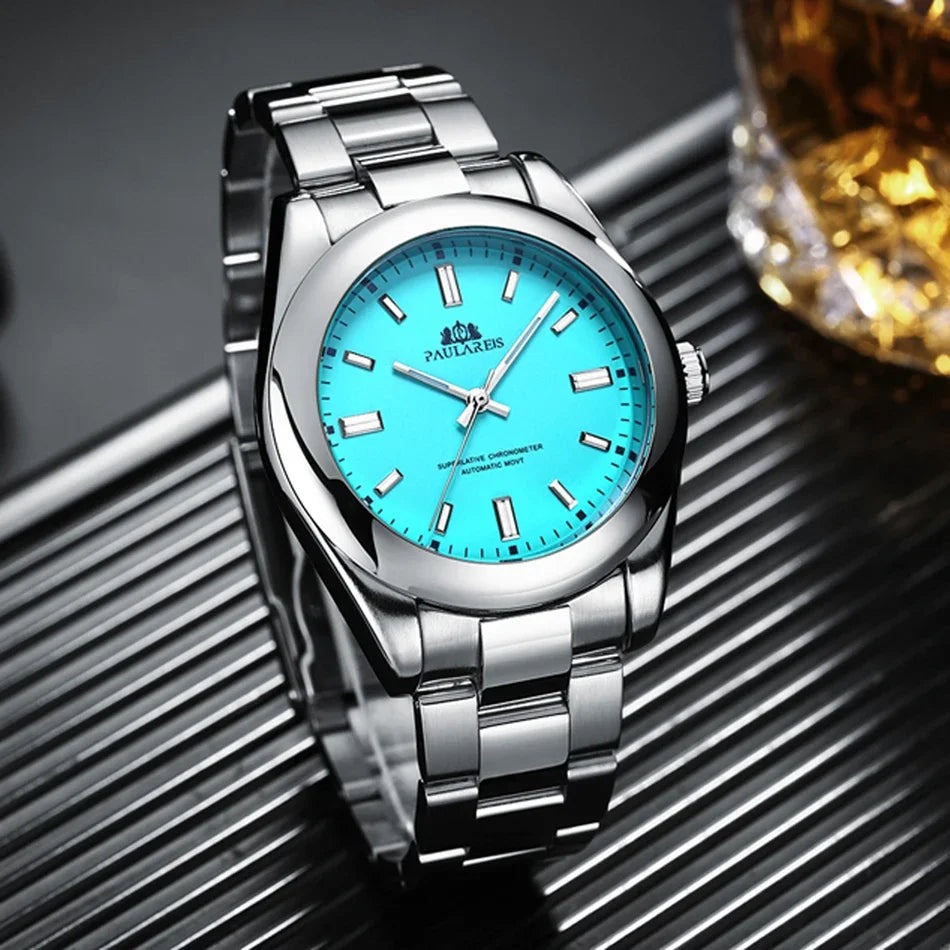 LOR MALE Automatic Watches Mechanical Self Wind Stainless Steel Luxury Red Yellow Blue 3
