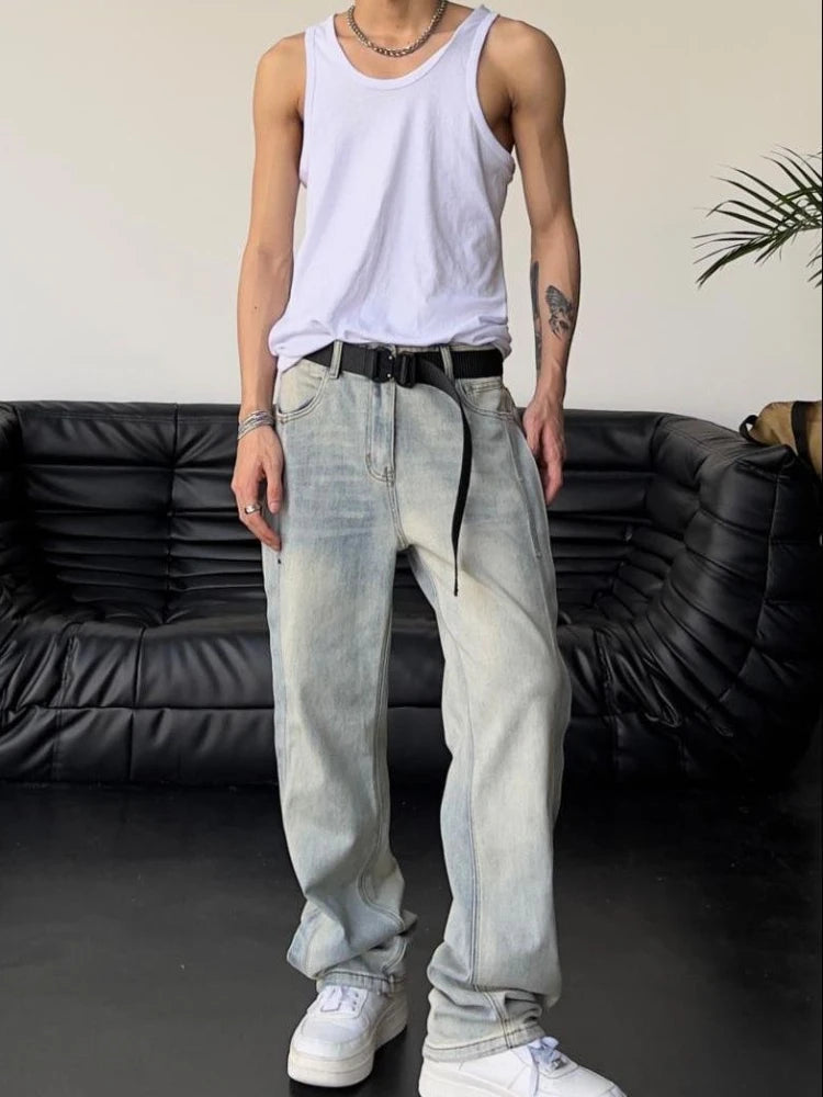 LOR MALE Jeans for Men Loose Light Blue Baggy Straight Man Cowboy Pants Punk Spliced Y2k Vintage Trousers 2025 Korean Autumn Trend Cotton
