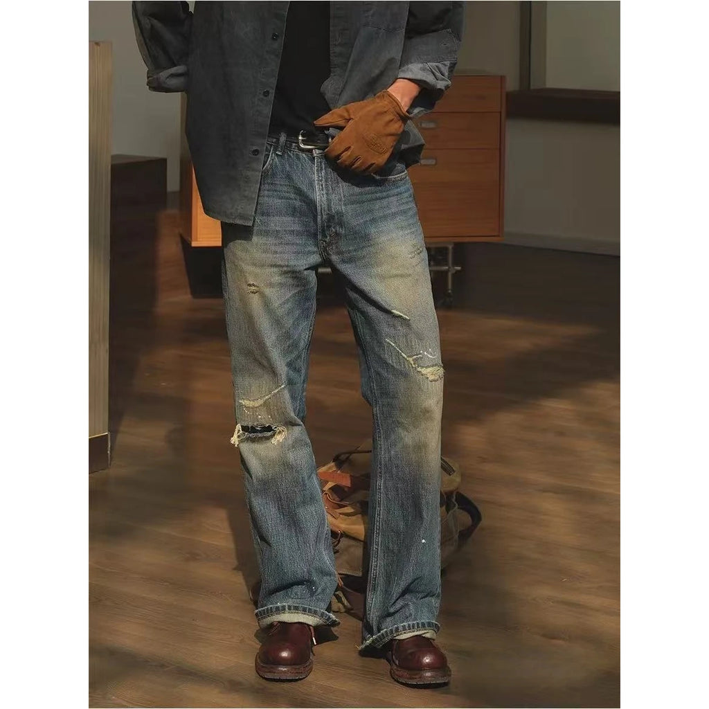 LOR MALE Men's Jeans Distressed Ripped Torn Faded Ombre Wash Straight Leg Non Stretch Long Men's Pants Streetwear Fashionable Trendy