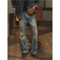 LOR MALE Men's Jeans Distressed Ripped Torn Faded Ombre Wash Straight Leg Non Stretch Long Men's Pants Streetwear Fashionable Trendy